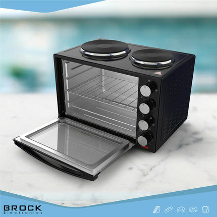 Brock Electronics Elektrische Mini Oven 30L met 2 Kookplaten – Vrijstaande Convectie Oven met Grill en Kookplaten – 1600W - Zwart