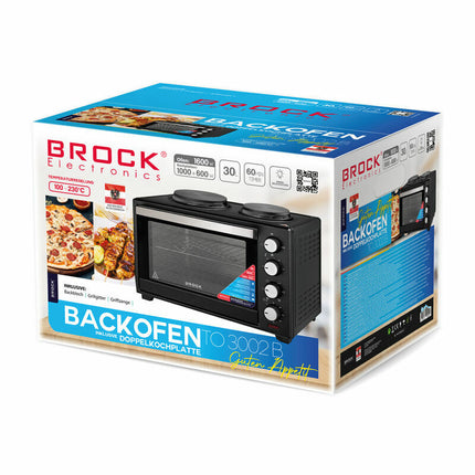 Brock Electronics Elektrische Mini Oven 30L met 2 Kookplaten – Vrijstaande Convectie Oven met Grill en Kookplaten – 1600W - Zwart