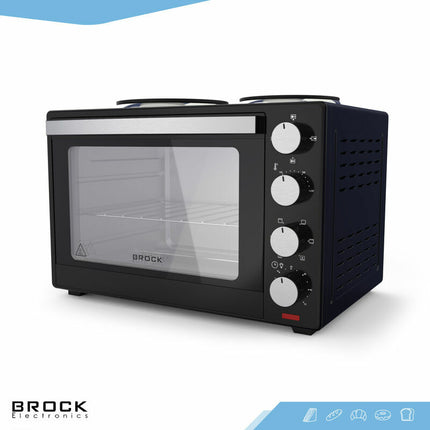 Brock Electronics Elektrische Mini Oven 30L met 2 Kookplaten – Vrijstaande Convectie Oven met Grill en Kookplaten – 1600W - Zwart