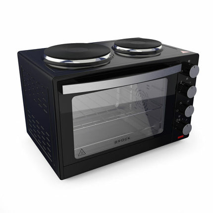 Brock Electronics Elektrische Mini Oven 30L met 2 Kookplaten – Vrijstaande Convectie Oven met Grill en Kookplaten – 1600W - Zwart