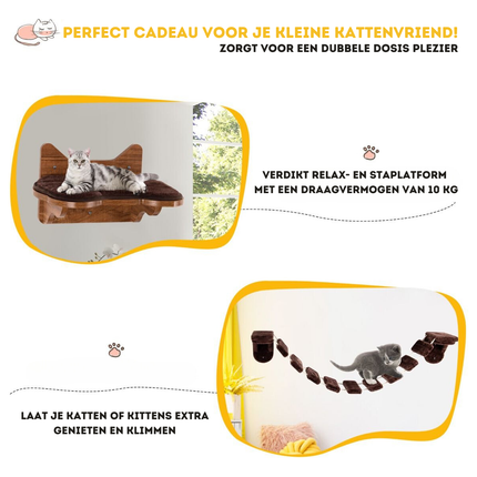 Trendmix Houten Katten Klimmuur met Bed en Loopbrug voor Wandbevestiging - Duurzaam & Stabiel - Bruin