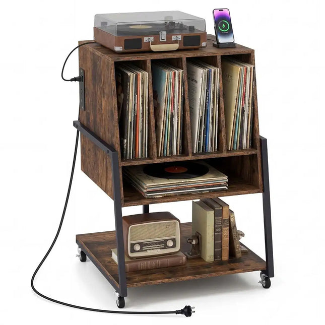Vinyl Platenkast met Stopcontacten – Platenspeler Meubel met 4 Vakken – Verrijdbaar – Bruin