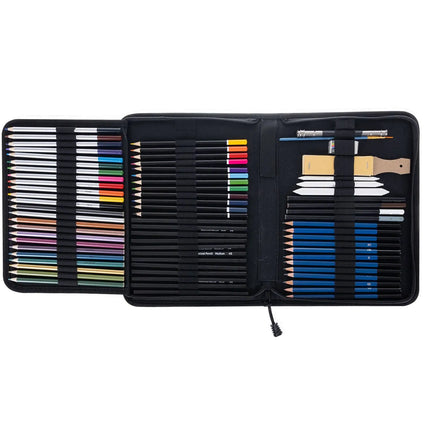Tekenset 74-delig – Schetsset met Tekenpotloden, Houtskool & Aquarelpotloden – Met Etui