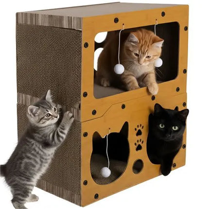 Krabpaal Kat met Huisje – 3-in-1 Krabmeubel met Ligplek & Speelballetjes