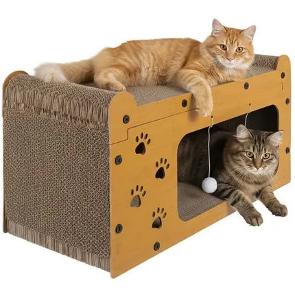 Kartonnen krabpaal Kat met Huisje – 3-in-1 Krabmeubel met Ligplek & Speelballetjes