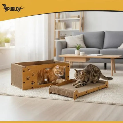 Kartonnen krabpaal Kat met Huisje – 3-in-1 Krabmeubel met Ligplek & Speelballetjes