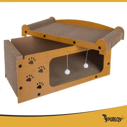 Kartonnen krabpaal Kat met Huisje – 3-in-1 Krabmeubel met Ligplek & Speelballetjes