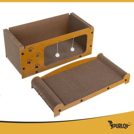 Kartonnen krabpaal Kat met Huisje – 3-in-1 Krabmeubel met Ligplek & Speelballetjes