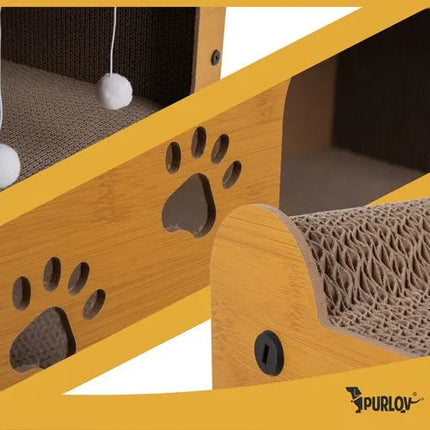 Kartonnen krabpaal Kat met Huisje – 3-in-1 Krabmeubel met Ligplek & Speelballetjes