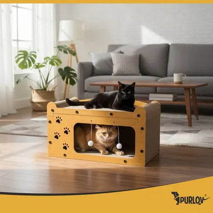 Kartonnen krabpaal Kat met Huisje – 3-in-1 Krabmeubel met Ligplek & Speelballetjes