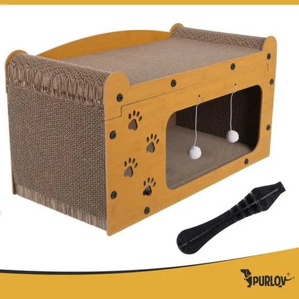 Kartonnen krabpaal Kat met Huisje – 3-in-1 Krabmeubel met Ligplek & Speelballetjes