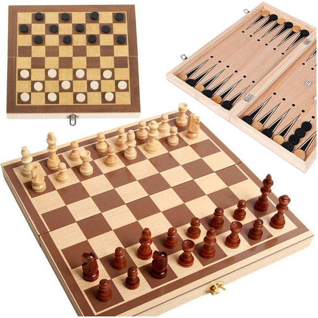 Houten 3 in 1 Schaakspel - Inklapbaar Dammen - Backgammon Set - Bordspel - Houten Spelletjes