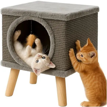 Kattenhuisje op Pootjes met Krabwand – Kattenmand & Krabplek – 38 x 32 cm