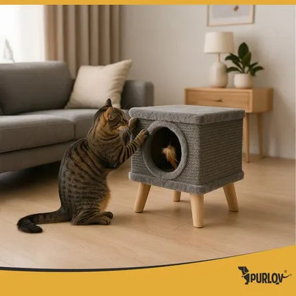 Kattenhuisje op Pootjes met Krabwand – Kattenmand & Krabplek – 38 x 32 cm