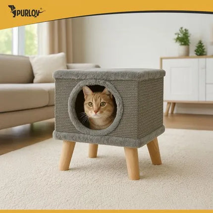 Kattenhuisje op Pootjes met Krabwand – Kattenmand & Krabplek – 38 x 32 cm