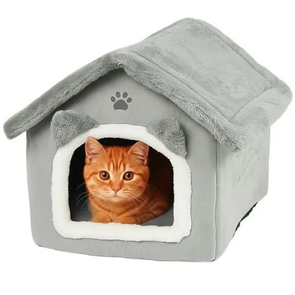 Kattenmand Huisje 39 x 38 x 35 cm – Zacht Pluche Kattenbed met Kussen – Grijs