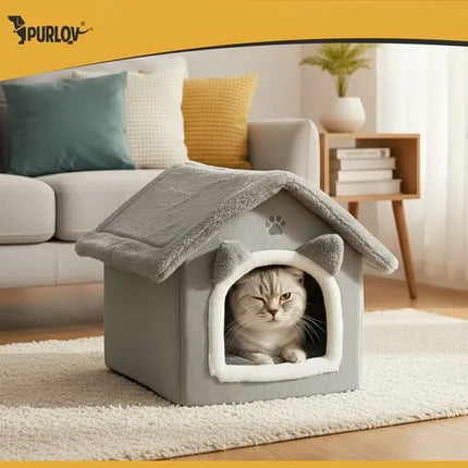 Kattenmand Huisje 39 x 38 x 35 cm – Zacht Pluche Kattenbed met Kussen – Grijs
