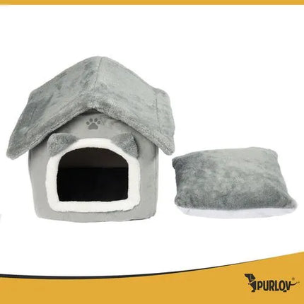 Kattenmand Huisje 39 x 38 x 35 cm – Zacht Pluche Kattenbed met Kussen – Grijs