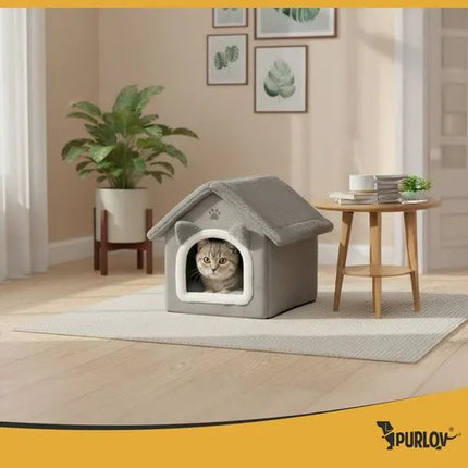 Kattenmand Huisje 39 x 38 x 35 cm – Zacht Pluche Kattenbed met Kussen – Grijs