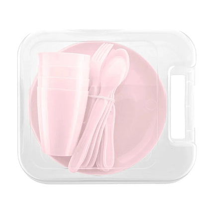 Praktyczna 21-delige Picknickset inclusief Borden, Kopjes en Bestek Roze - Alles wat je nodig hebt - In handige meeneemdoos