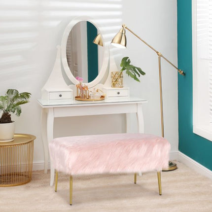 Trendmix Roze Make-Up Kruk Met Gouden Poten 91 x 35,5 cm - Poef Met imitatiebont - Zitbankje voor Entree en Slaapkamer