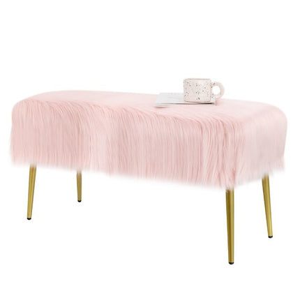 Trendmix Roze Make-Up Kruk Met Gouden Poten 91 x 35,5 cm - Poef Met imitatiebont - Zitbankje voor Entree en Slaapkamer