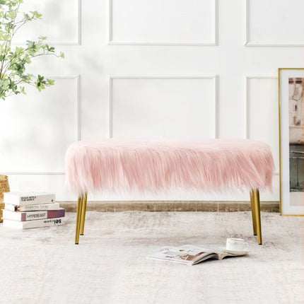 Trendmix Roze Make-Up Kruk Met Gouden Poten 91 x 35,5 cm - Poef Met imitatiebont - Zitbankje voor Entree en Slaapkamer