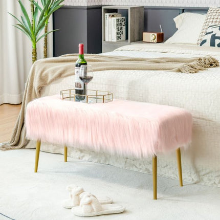 Trendmix Roze Make-Up Kruk Met Gouden Poten 91 x 35,5 cm - Poef Met imitatiebont - Zitbankje voor Entree en Slaapkamer