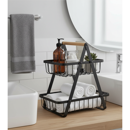 Trendmix 2-laags fruitschaal – Zwart metaal met houten handvat – Etagère – Groente- en fruitmand – Organizer voor keuken, badkamer & woonkamer