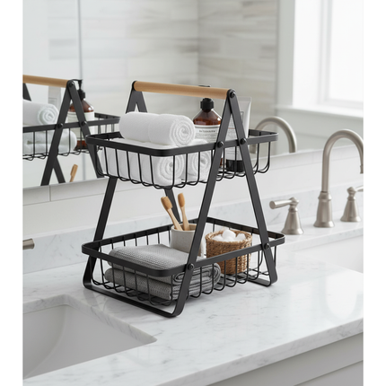 Trendmix 2-laags fruitschaal – Zwart metaal met houten handvat – Etagère – Groente- en fruitmand – Organizer voor keuken, badkamer & woonkamer