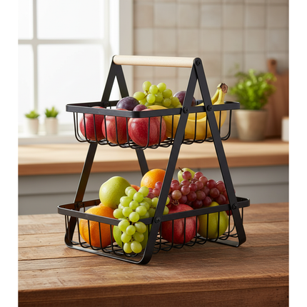Trendmix 2-laags fruitschaal – Zwart metaal met houten handvat – Etagère – Groente- en fruitmand – Organizer voor keuken, badkamer & woonkamer
