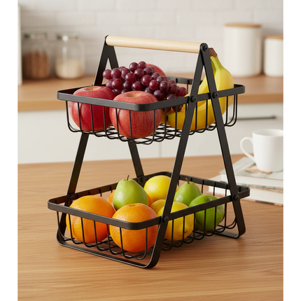Trendmix 2-laags fruitschaal – Zwart metaal met houten handvat – Etagère – Groente- en fruitmand – Organizer voor keuken, badkamer & woonkamer