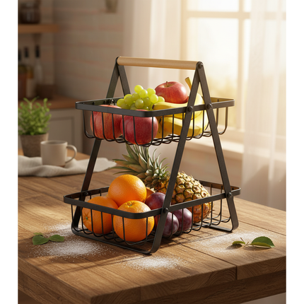 Trendmix 2-laags fruitschaal – Zwart metaal met houten handvat – Etagère – Groente- en fruitmand – Organizer voor keuken, badkamer & woonkamer