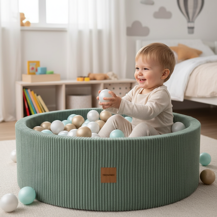 Trendmix Luxe Ronde Ballenbak – 90x30 cm – Groen Corduroy – Inclusief 200 Ballen (Parelmoer, Mint & Goud)