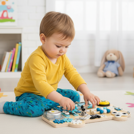 LULILO Buso Montessori Activity Bus XL – Houten Busyboard vanaf 1 Jaar – Sensorisch Educatief Speelgoed voor Baby’s en Peuters – Interactief Montessori Bord