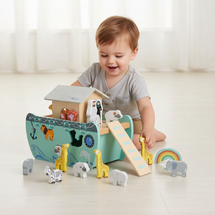 LULILO Houten Ark van Noach Sorteerboot – Montessori Educatief Speelgoed – 20-delige Dierenset – Vormensorteerder vanaf 1 Jaar