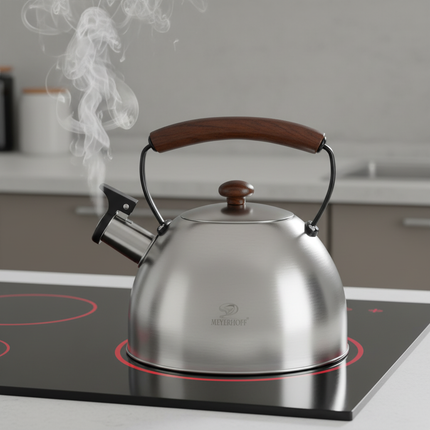 Meyerhoff RVS Fluitketel 2,5L – Geborsteld Zilver – Houten Handvat – Fluitketel voor Inductie en Alle Kookplaten
