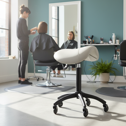 Gabbiano Kapperskruk Grijs/Beige – Ergonomische Zadelkruk met Gasveer – Professionele Salonstoel met Wielen