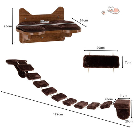 Trendmix Houten Katten Klimmuur met Bed en Loopbrug voor Wandbevestiging - Duurzaam & Stabiel - Bruin