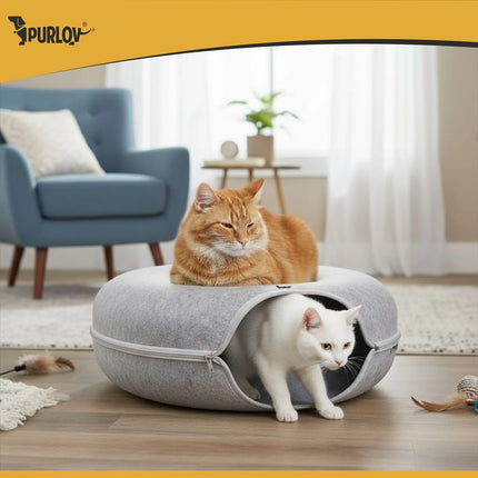Kattenmand met Tunnel 51 cm – Donut Kattenbed van Natuurlijk Vilt – Grijs
