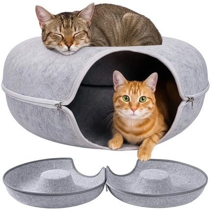 Kattenmand met Tunnel 51 cm – Donut Kattenbed van Natuurlijk Vilt – Grijs