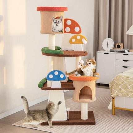 Krabpaal voor katten met 2 platforms Paddenstoellook 69 x 49 x 146 cm - Kattenboom met Kattenmand - Sisal Krabplank en Speelbal