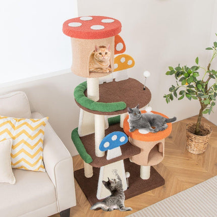 Krabpaal voor katten met 2 platforms Paddenstoellook 69 x 49 x 146 cm - Kattenboom met Kattenmand - Sisal Krabplank en Speelbal