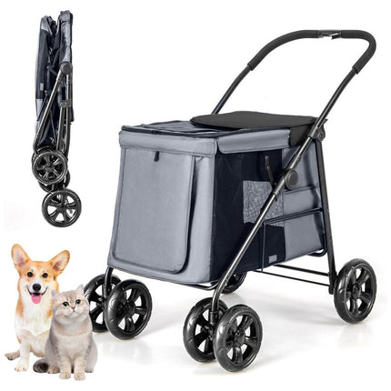 Trendmix Opvouwbare XL Hondenbuggy Met Ademend Gaas En Opbergvakken - Voor Honden En Katten Tot 40 kg - 106 x 63 x 103 cm Grijs