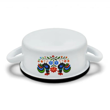 Emaille Kookpan 12 cm 0,6 Liter – Wit met Folk Haanmotief – Geëmailleerde Pan met Twee Handgrepen