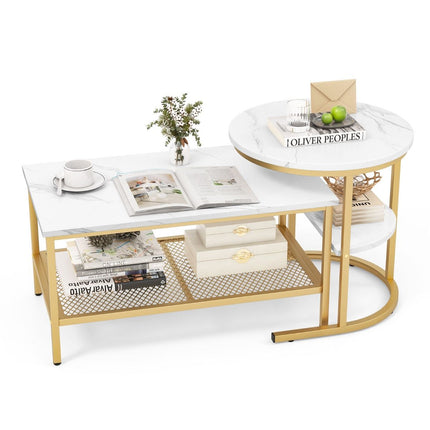 Trendmix Set van 2 Bijzettafel En Salontafel Marmerprint 80 x 46 x 41 cm - Gouden Frame - Ronde Bijzettafel Rechthoekige Salontafel