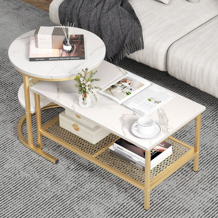 Trendmix Set van 2 Bijzettafel En Salontafel Marmerprint 80 x 46 x 41 cm - Gouden Frame - Ronde Bijzettafel Rechthoekige Salontafel
