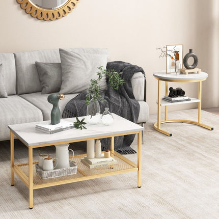 Trendmix Set van 2 Bijzettafel En Salontafel Marmerprint 80 x 46 x 41 cm - Gouden Frame - Ronde Bijzettafel Rechthoekige Salontafel