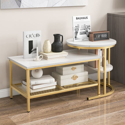 Trendmix Set van 2 Bijzettafel En Salontafel Marmerprint 80 x 46 x 41 cm - Gouden Frame - Ronde Bijzettafel Rechthoekige Salontafel