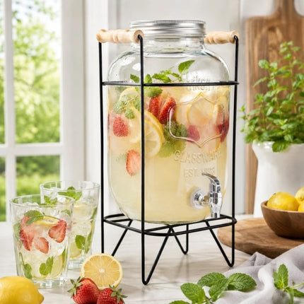 Drankdispenser 3,3 Liter met Kraantje en Zwarte Standaard – Glazen Sapdispenser – Limonadedispenser voor Water, IJsthee & Cocktails